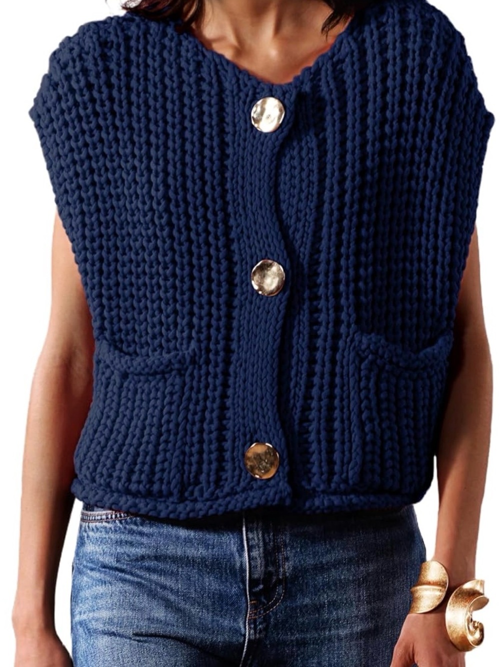 Amazon Navy Chunky Knit Button-Front Sweater Vest with Gold Buttons